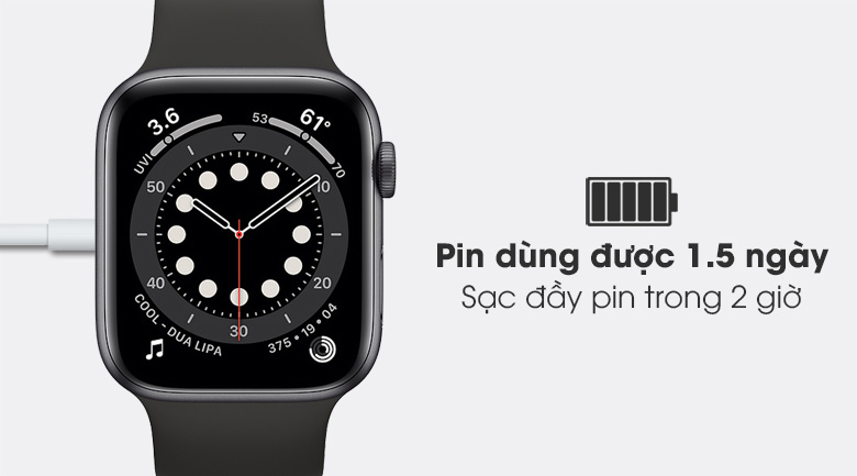 Apple Watch S6 44mm viền nhôm dây cao su đen - pin