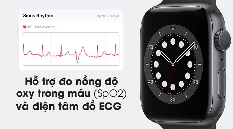 Apple Watch S6 44mm viền nhôm dây cao su đen hỗ trợ đo SpO2 và ECG