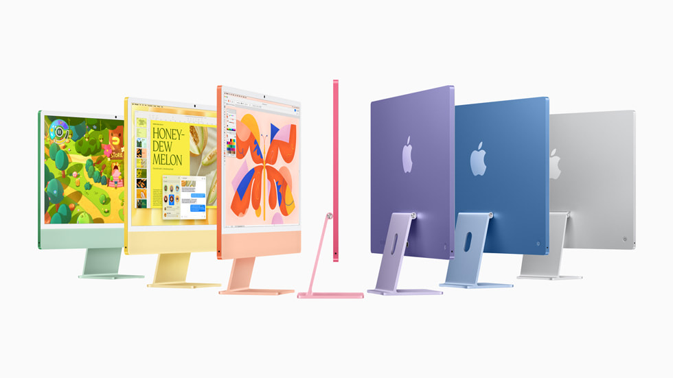 iMac mới có màu xanh lá cây, vàng, cam, mực, tím, xanh lam và bạc.