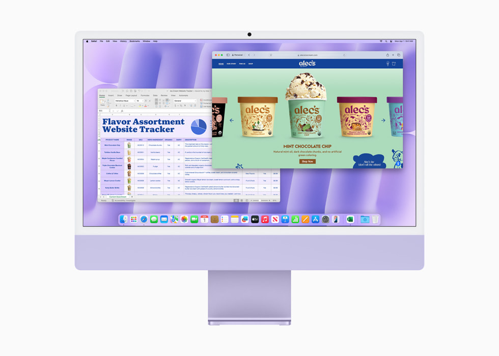 Trên iMac màu tím, người dùng mở hai cửa sổ khi họ thực hiện đa nhiệm giữa Safari và Excel.