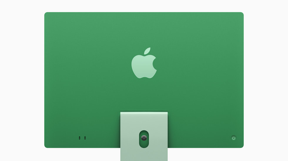 Chiếc iMac mới màu xanh lá cây được nhìn thấy từ phía sau.