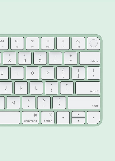 Cận cảnh bàn phím Magic Keyboard màu xanh lá cây dành cho iMac.
