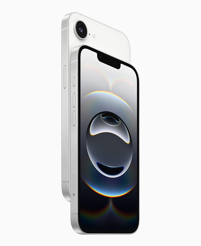 Hai thiết bị iPhone 16e màu trắng đặt đối lưng.