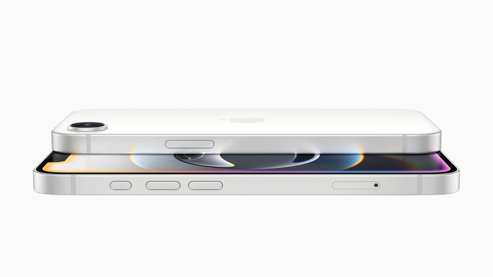 Hai thiết bị iPhone 16 màu trắng xếp chồng lên nhau.